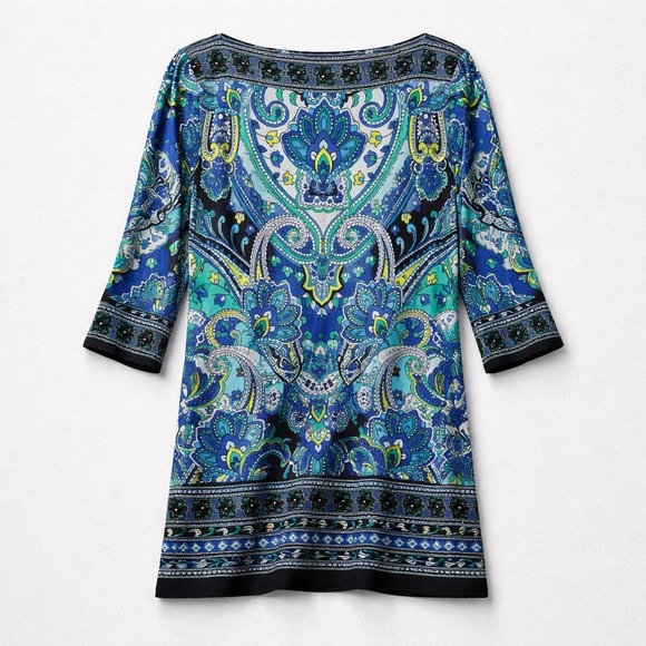 Sandra Darren Dresses & Skirts - Sandra Darren Women Blue Green Paisley Print Boat Neck 3/4 Sleeve Sheath Dress 6